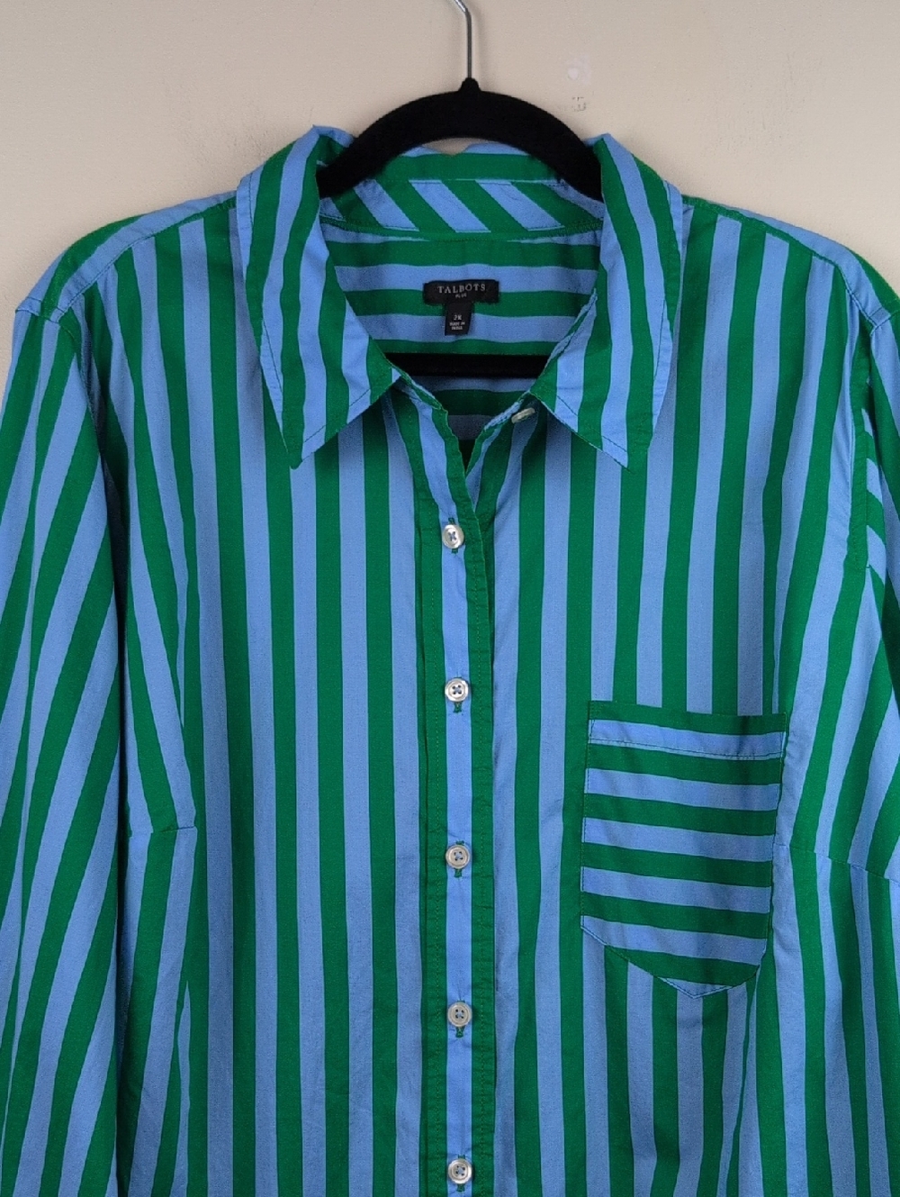 Talbots Plus Garden Stripe 100% Cotton Button Front Shirt Blue & Green Size 2X - Picture 3 of 9